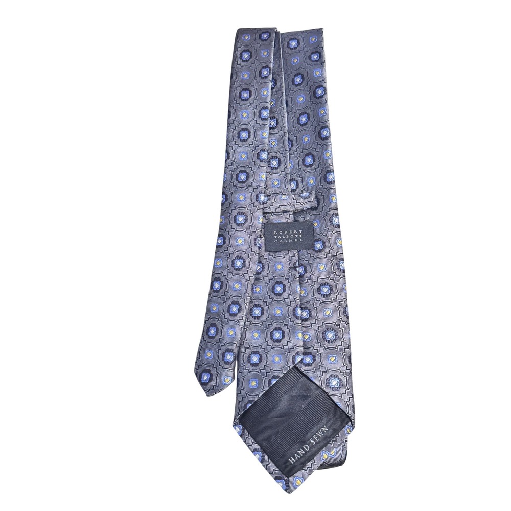 Robert Talbott Carmel Hand Sewn Silk Necktie Geometric Pattern Blue Yellow‎ Men